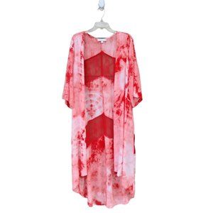 Weekend by Suzanne Betro Kaftan Robe / Beach Cover / Kimono Red Tie Dye & Lace